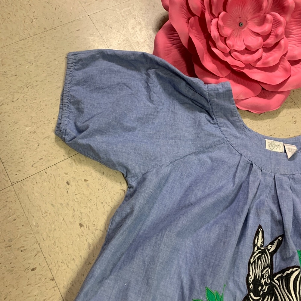 GO SOFTLY Patio Womens Sz L Blue Embroidered Applique Zebra Short Sleeve‎ Dress - Picture 2 of 10